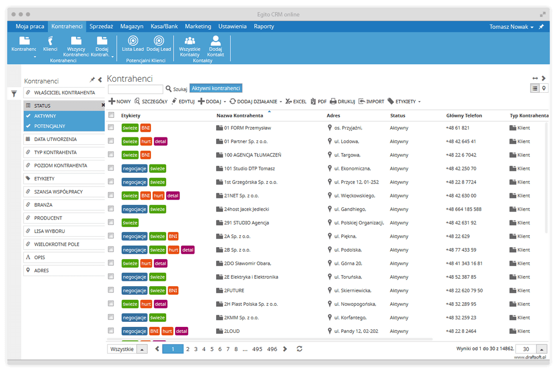 Widok listy kontrahentów w systemie CRM Egito